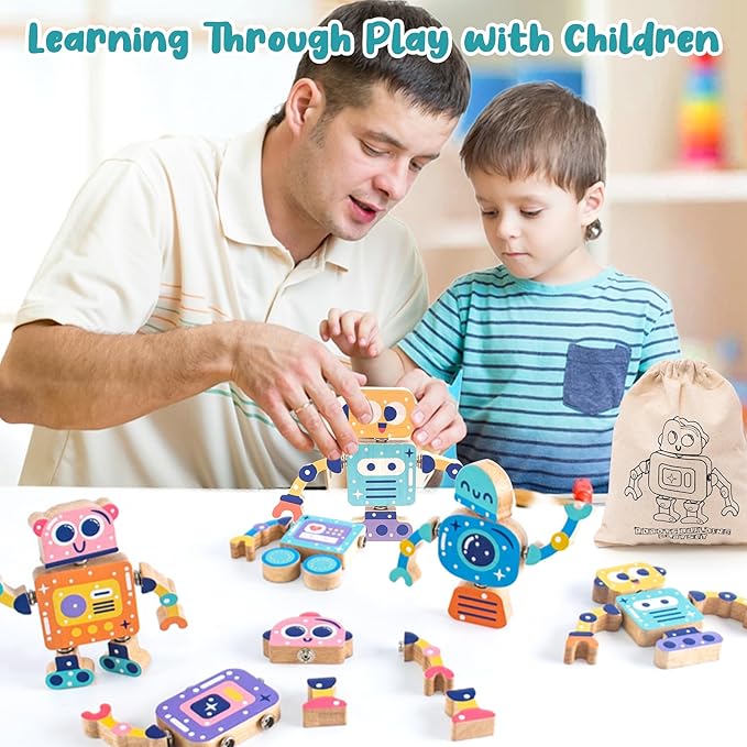Wooden Robot Snap-Together Building Blocks, STEM Take Apart Toys Playset for Toddlers 3 4 5 6, 28 Psc Montessori Educational Fine Motor Skills Toys for Boys & Girls Birthday Gift