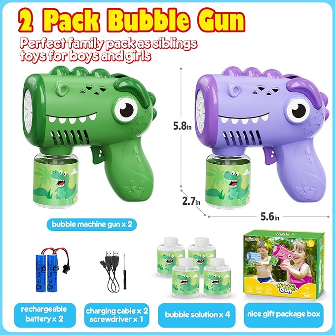 Toys for Ages 3-8 Boys Girls: Yunaking 2 Pack Bubble Machine Gun for Kids Rechargeable with Bubble Solutions, Kids Toys Gifts for 3 4 5 6 7 8 Years Old Boy Girl Birthday Toy for Kid Toddlers Ages 4-6