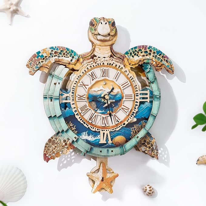 3D Puzzle for Adults Clock - Sea Turtle Clock Design Model Kit-Mechanical DIY Pendulum Clocks with Roman Numerals-Desk Home Office Decor Personalized Gift for DIY Lovers