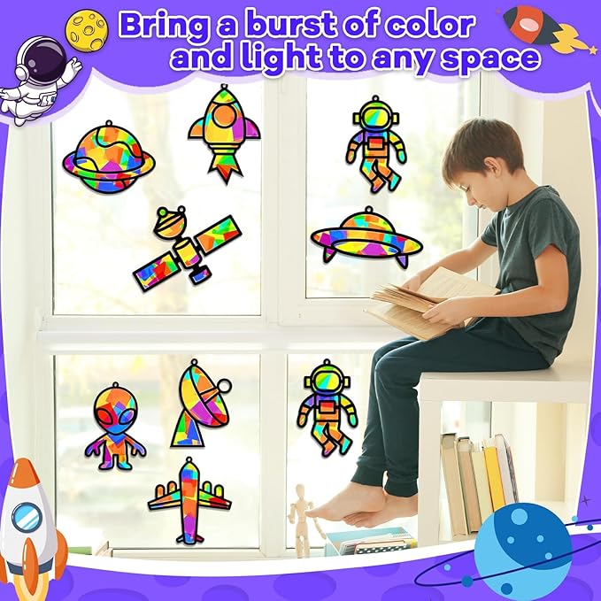 32 Sets Outer Space Suncatchers Craft Kit DIY Window Stained Glass Effect Planet Astronaut Alien Paper Crafts Home School Classroom Decoration Kid Birthday Gift Creative Art Project Activity Game