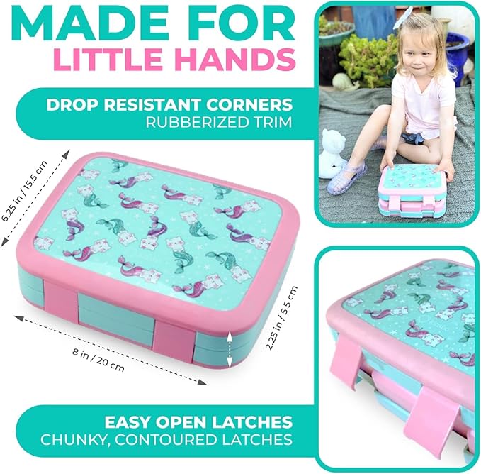 Bento Box with Stainless Steel Food Thermo for Hot Food or Soup, Insulated Lunch Bag, and Ice Pack Set for Kids Girl Toddlers. Ages 3 to 7 Pink Aqua Cat Mermaid