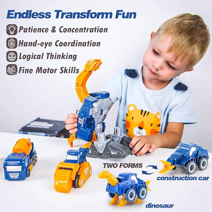 Construction Trucks Toy Dinosaur Vehicles Magnetic Set, 5-in-1 Educational STEM Building Car Kit, Transform to Big Robot, Holiday Birthday Present for Toddler Kid 3 4 5 6 7 Year Old Boys Girls