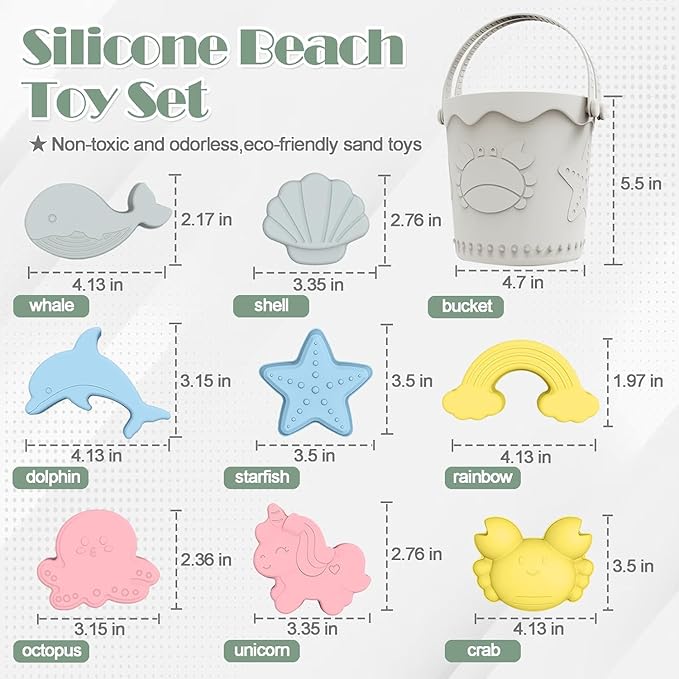11Pcs Baby Beach Toys, Silicone Beach Toys, Baby Beach Essentials, Travel Friendly Beach Set, 1 Bucket, 1 Shovel, 8 Sand Molds, Beach Bag, Sand Toys for Toddlers 1-3 (Gray)