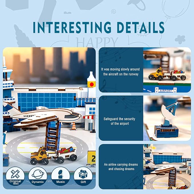 3D Wooden Puzzles Airport Model DIY Rotating Music Box Kit for Teen Boys and Girls-Birthday Gifts and Toys for Kids（Airport Model Music Box）