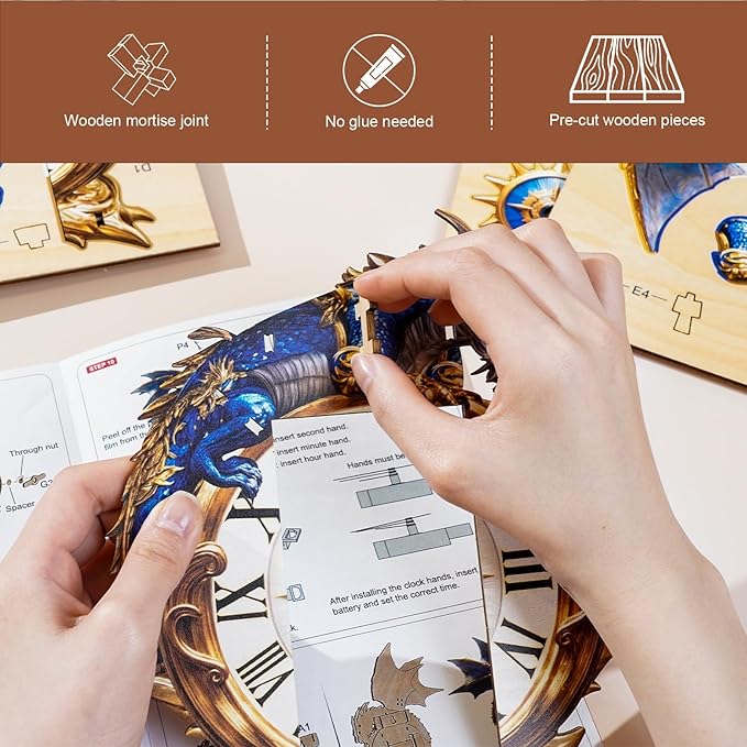 3D Dragon Puzzle Clock - DIY Building Kit for Adults, Roman Numeral Wall Timepiece with Silent Movement, Creative Home Decor & STEM Gift for DIY Enthusiasts