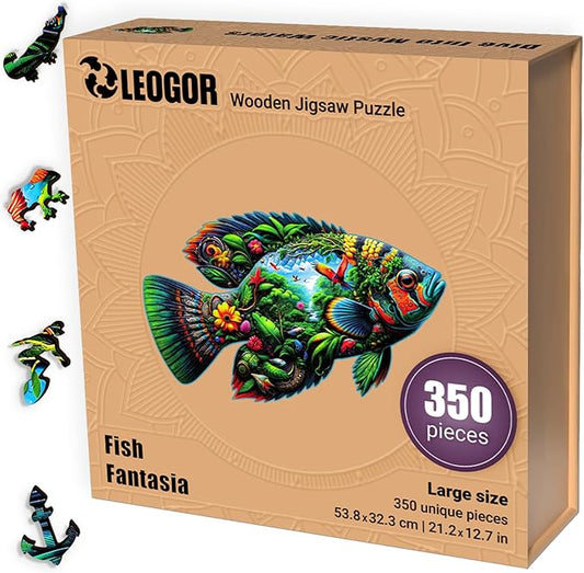 LEOGOR Wooden Jigsaw Puzzles for Adults 350 Pieces (21.2 × 12.7 in), Fish Puzzle, Extra-Thick 5mm Wood, Colorful Ocean Scene, Unique Animal Shapes, Beautiful Sea Life Gift for Adults and Teens