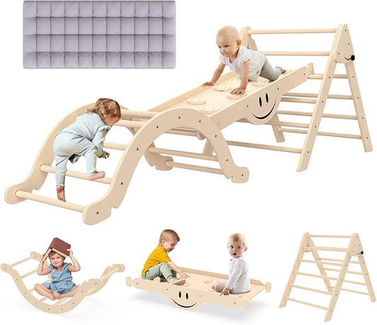 BIERUM 8 in 1 Pikler Triangle Set with Soft Cushion, Montessori Foldable Toddler Pickler Climbing Set with Ramp, Wooden Jungle Gym, Indoor Playground for Toddlers and Kids, Natural