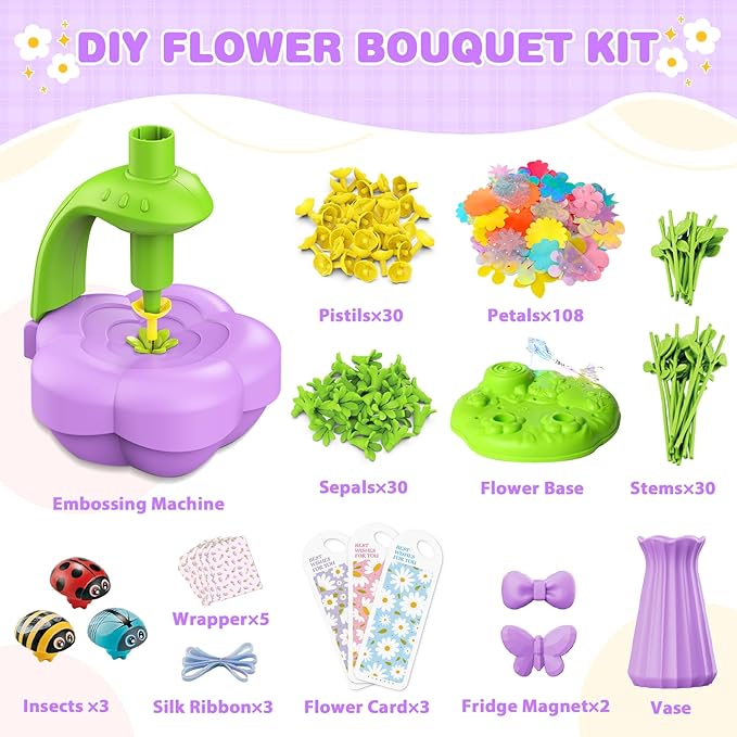 Fabric Flower Bouquets Toys with Music and Light, DIY Arts and Craft Kits Toy for Kids Ages 4-8, Preschool Educational Toys, Christmas Birthday Gifts for 4 5 6 7 8 Year Old Gril