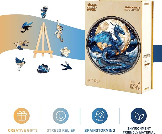 Wooden Puzzles for Adults - Moonlight Blue Dragon Wooden Jigsaw Puzzle, Unique Animal Shaped Wood Puzzles Adult, Christmas Birthday Gifts for Friends/Family, Home Decor 8.5 * 8.5in 100pcs