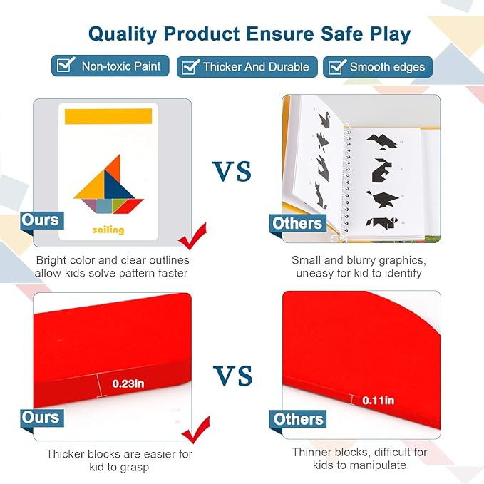 Vanmor Wooden Tangrams Sets Pattern Blocks, Shape Card Brain Teaser Puzzles Educational Toy, Travel Games for Kids Ages 4-8 Road Trip Essentials