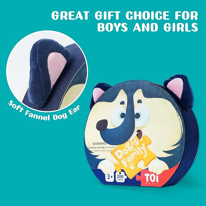 TOI Dogs Puzzle for Kids Ages 3-5, 200 Pieces Jigsaw Puzzles for Toddlers with Dog-Shaped Portable Box, Preschool Learning Dog Game for Boys & Girls Gift