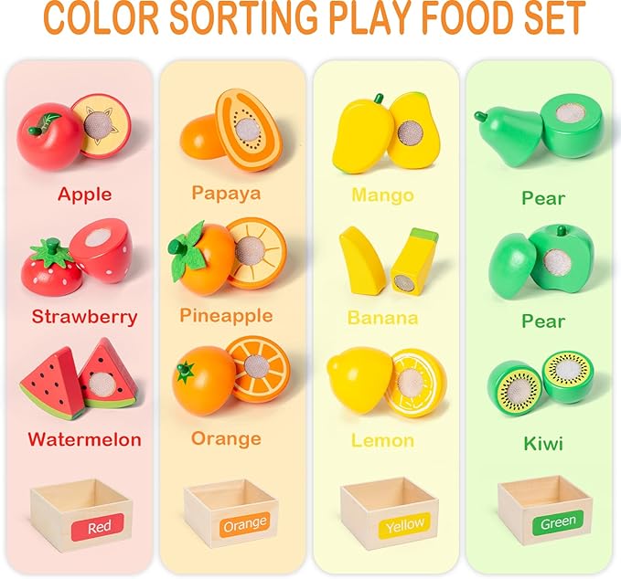 Wooden Play Food Sets for Kids Kitchen Accessories, Velcro Fruit and Veggies Cutting Set for Kids, Pretend Play Food for Toddlers, Montessori Color Sorting Toys for Girls Boys