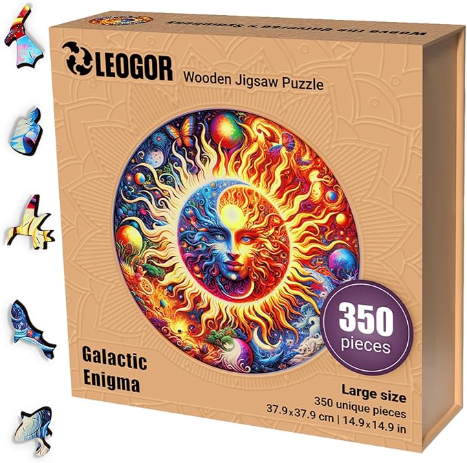 LEOGOR Wooden Jigsaw Puzzles for Adults 350 Pieces (14.9 × 14.9 in), Sun Moon Puzzle, Extra-Thick 5mm Wood, Round Mosaic Design with Unique Animal Shapes, Challenging Artistic Gift for Adults