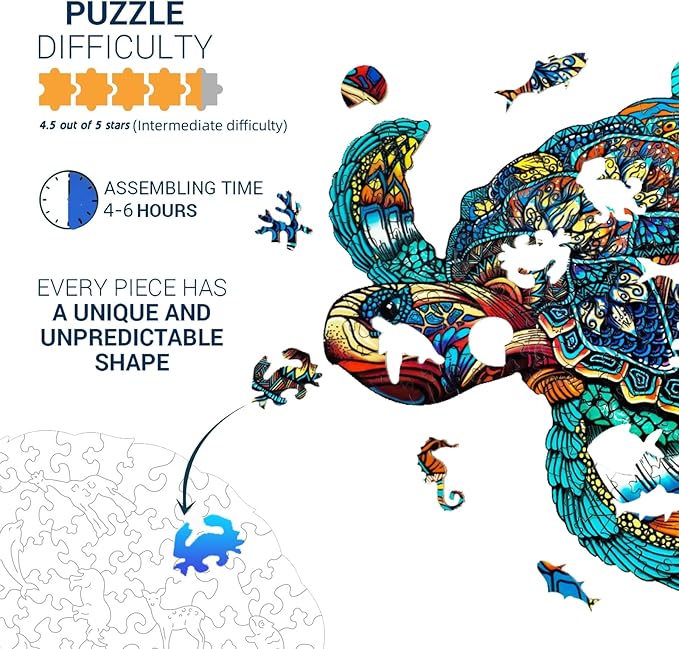 Jigfoxy Wooden Puzzles for Adults, Sea Turtle Wooden Jigsaw Puzzles for Adults Kids, Unique Animal Shape Wood Cut Puzzles, Christmas Thanksgiving Gifts for Friend Family(M-11.8x10in-180pcs)
