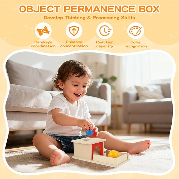 Montessori Toys for Babies 6-12 Months, 7 in 1 Wooden Educational Development Toys Sensory Learning Gift for Toddlers with Object Permanence Box, Emotion Learning Mirror, Tissue Box,Rainmaker and More
