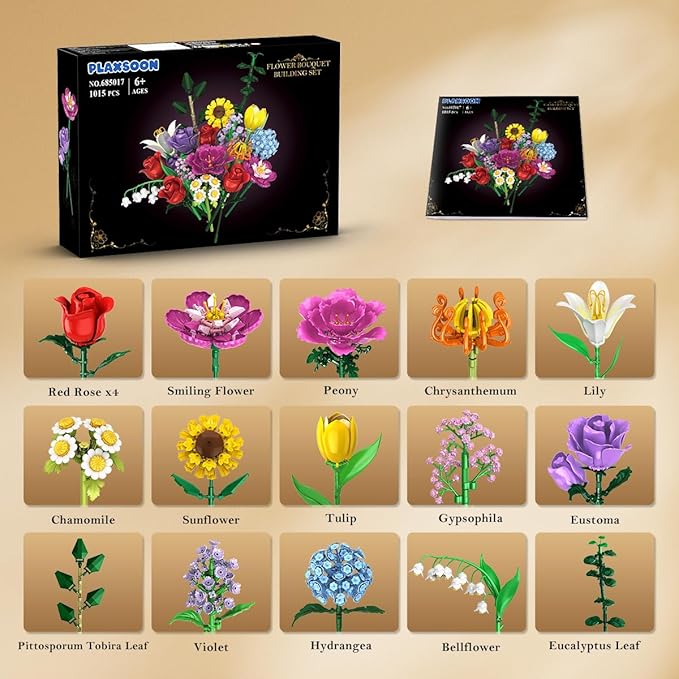 Flower Bouquet Building Set, 18 Flowers Rose Building Block, 1065 PCS Botanical Collection Building Block Toy Plant Home Decor, Gift for Her Adults Women Kids Boys Girls 12+