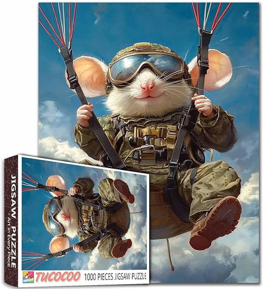 Military Jumpsuit Mouse Jigsaw Puzzles for Adults 1000 Pieces, Paragliding in The Sky Art Puzzles Colorful DIY Crafts for Home Decor Gifts, Family Challenging Puzzle Perfect for Game Nights
