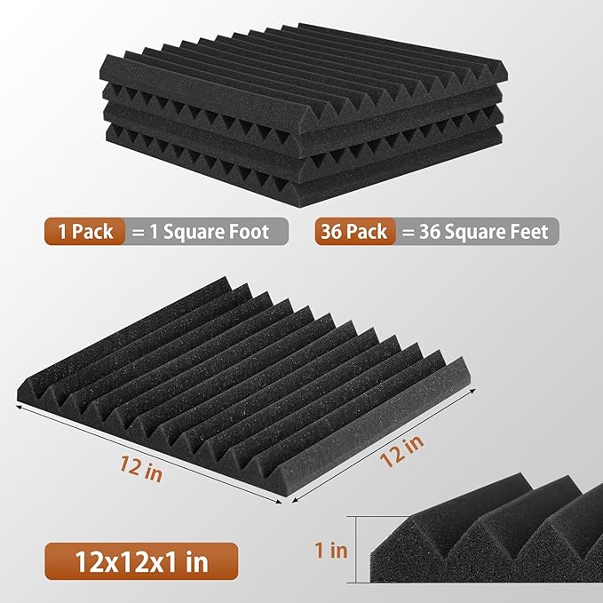 36 Pack Acoustic Foam Panels with Self Adhesive 12" X 12" X 1" Sound Proof Foam Panels for Walls High Density Wedge Soundproof Wall Panels for Studio Office Gaming Room