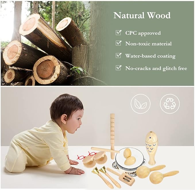 Ehome Musical Instruments for Toddlers 1-3, Wooden Percussion Kids Instruments, Musical Toys for Kids, Baby Musical Instruments for Boys Girls Birthday Gifts with Storage Bag