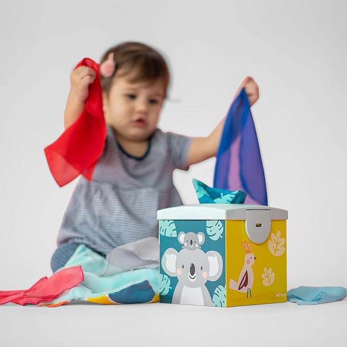 Taf Toys Sensory Crinkle Tissue Box for Toddlers. STEM Montessori Toy with Colorful Soft Scarves and Crinkling Blankies