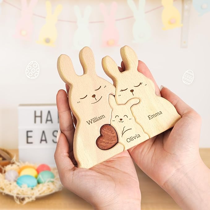 Baby Bunny Family Puzzle, Personalized Wooden Puzzles with 2–5 Names, Rabbit Toys Easter Anniversary Wedding Gifts for Women Men, Easter Decorations Housewarming Gifts for Family Couple
