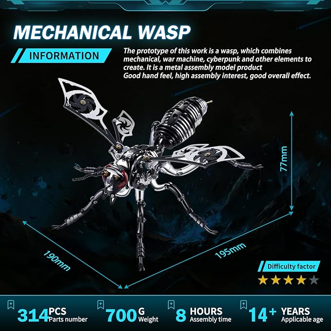 3D Puzzles for Adults, Metal Model Kit Wasp Mechanical Puzzle for Adults/Teens, DIY Creative Craft Gifts Kits Difficult Assembled 3D Puzzle for Family Time, Home Decor (Black)