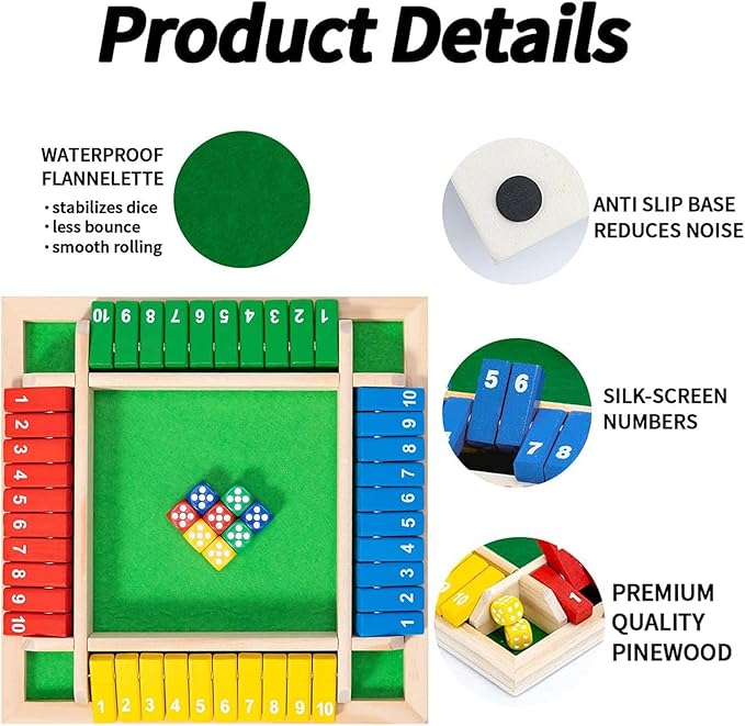 Shut The Box Game, 1-4 Players, Classic 8Dice Closed-Box, Improves Mathematical Skills, Suitable for Families, classrooms, and Gatherings (8.66 inches, Vibrant Colors)