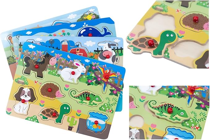 Peg Puzzle Set of 4 (32 pcs), Wooden Knob Puzzles for Toddlers Ages 1-3, Farm Zoo，Forest Animals, Pets, Sea Ocean Animals, Preschool Educational Cognitive Gifts