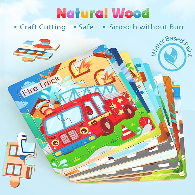 Wooden Puzzles for Toddlers, 8 Pack Vehicle Jigsaw Puzzles for Kids3-5, 9 Pieces Preschool Learning Activities, Learning & Educational Toys, Gift for Boys, Girls