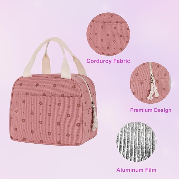 Lunch Box for Women, Reusable Insulated Lunch Box Floral Tote Bags Corduroy Totes for Women Office Work Travel Picnic