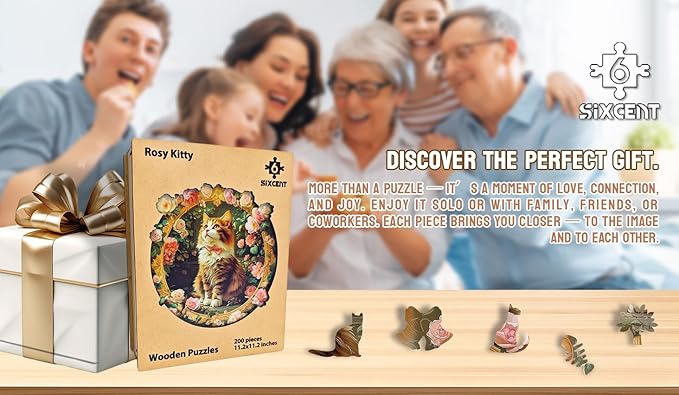 Wooden Jigsaw Puzzle, 200-500 Pieces Unique Shape Animal Puzzle, for Adults & Kids, Birthday Gift Family Game, Decorative Puzzle, Unique Gift (Rosy Kitty, 200 PCS)
