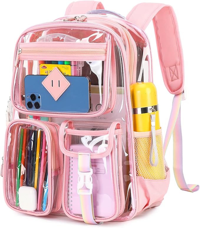 Clear Backpack for School,Heavy Duty PVC Transparent Bookbag for Girls Stadium Approved See Through Backpack