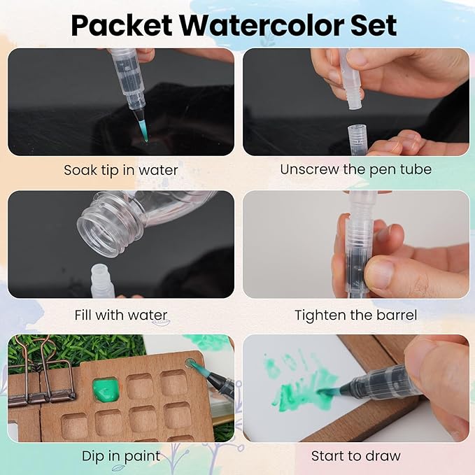 Mini Paint Palette Travel Kit,Mini Travel Watercolor Palette Set,Pocket Artist Water Color Sets with Watercolor Pens,Binder Clips, Include 24 Colors Paint for Beginners Artists Students(Walnut-15 Grids)