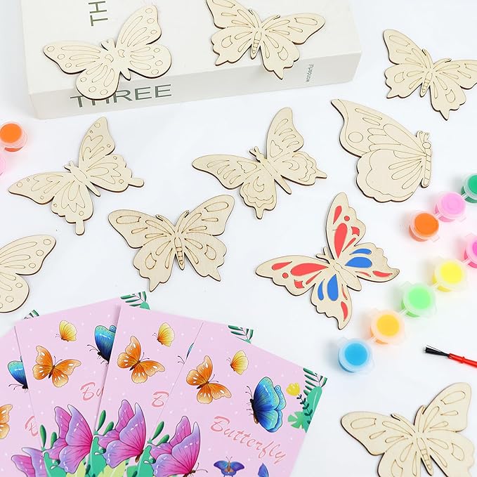 LARDUX Butterfly Party Favors, 24PCS DIY Wooden Arts & Crafts Painting Kit for Kid, Glow in The Dark Party Favors Family Crafts Birthday Party Christmas Gifts Toys for Boys Girls