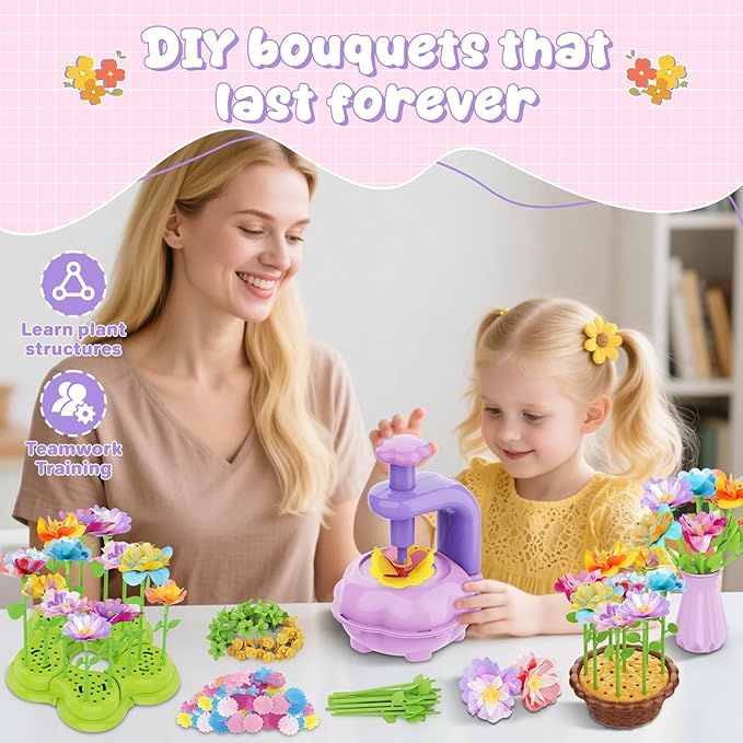 FUNZBO Fabric Flower Bouquets Toys Craft Kit, DIY Arts and Crafts for Kids Ages 4-6-8, Flower Making Toys for 4 5 6 7 8+Year Old Girl Birthday Gifts Ideas, Creative Activity Craft Flowers fot Toddler