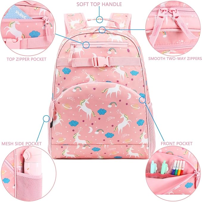FlowFly Kids Backpack for Toddler Boys Girls, Simple Lightweight Bookbag for Daycare Kindergarten Elementary School Travel, Small Modern Bag (Large, Unicorn)