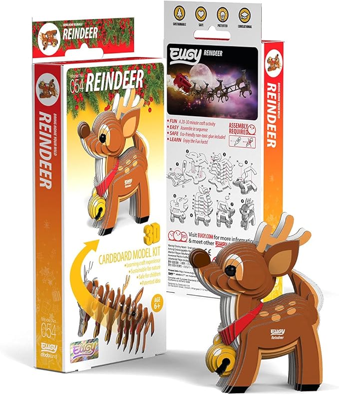 Eugy Reindeer 3D Puzzle, 22 Piece Eco-Friendly Educational Toy Puzzles for Boys, Girls & Kids Ages 6+