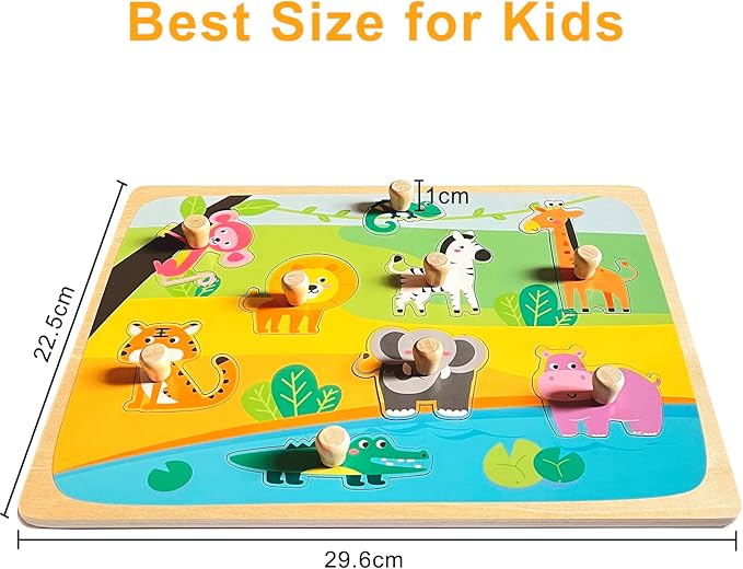 Wooden Puzzles for Toddler Peg Puzzle Toys, Wooden Jigsaw Puzzles Zoo Animal Patterns Puzzle with Handles Educational Montessori Puzzles