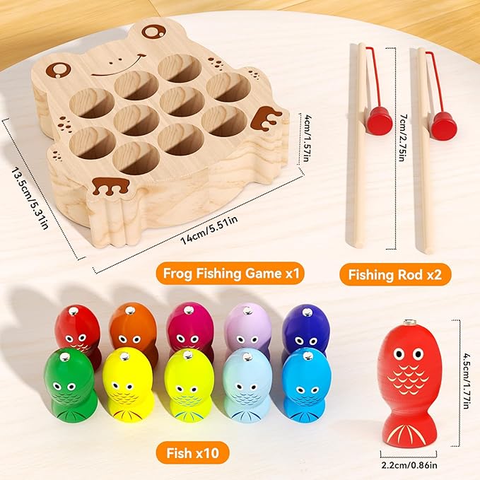 Wooden Magnetic Fishing Game for Toddlers 1-3, Frog Fishing Color Sorting Montessori Sensory Preschool Educational Learning Fine Motor Skills Toys for 3 4 5 Years Old Boys Girls