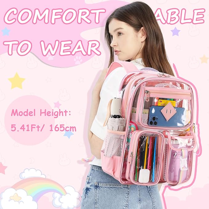 Clear Backpack for School,Heavy Duty PVC Transparent Bookbag for Girls Stadium Approved See Through Backpack