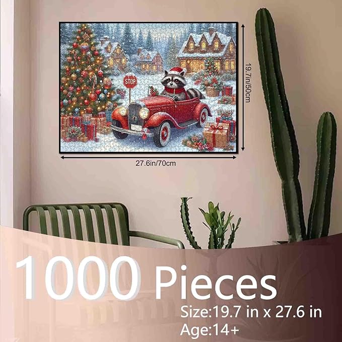 Christmas Puzzle 1000 Pieces - Winter Snow Scene Holiday Painting Jigsaw Jigsaw(Raccoon,Red Car,Wooden House,Animal,Snowy village,Christmas Trees)for Adults Kids Family Fun,Home Decor Friendship Gift