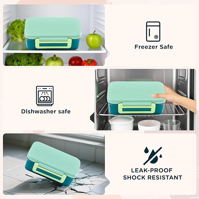 MAISON HUIS Kids Bento Box Set - Includes 8oz Soup Thermo, Insulated Lunch Bag & 17oz Stainless Steel Water Bottle, 5-Compartment Bento Box with Built-In Ice Pack, Leak-Proof & BPA-Free(Green)