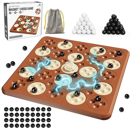 Magnetic Game Chess, Magnet Game, Magnetic Board Game for Kids Adults Family Games Night, 2 in 1 Multiplayer Magnet Chess Toy with 36 Stones & Connect-5-Piece Games, Magnet Chess Set Gift(Brown)