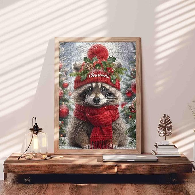1000 Piece Jigsaw Puzzles for Adults Raccoon Wearing Christmas Hat Jigsaw Puzzle Winter Scene 1000 Pieces Puzzles Family Fun Game Christmas Animal Decor DIY Craft Bedroom Decor Wildlife Puzzle Art