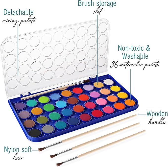 Watercolor Paint Set, 36 Colors of Washable Watercolor Paint Includes Watercolor Palette and 3 Paint Brushes. Great Water Color kids paint