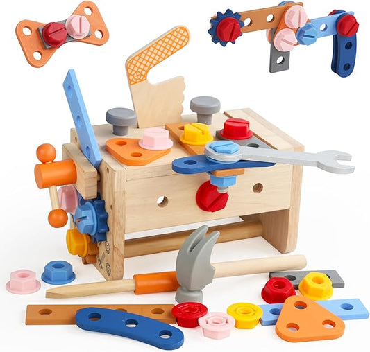 Wooden Kids Tool Set, 38PCS Educational STEM Construction Toys for 3+ Toddler, Wooden Tool Bench Montessori Toy Tool Box for 3 4 5 YO Boys & Girls Birthday Gift (36Pcs)
