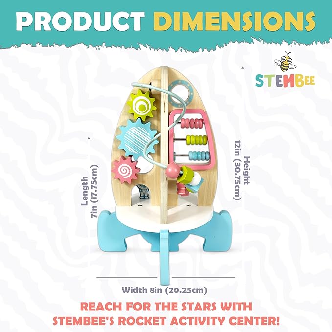 Space Rocket Wooden Activity Cube for Toddlers 1-3 - Includes Colorful Bead Maze for Montessori Sensory Development. Fun Toy Activity Center for Baby Boys & Girls. Excellent First Birthday Gift