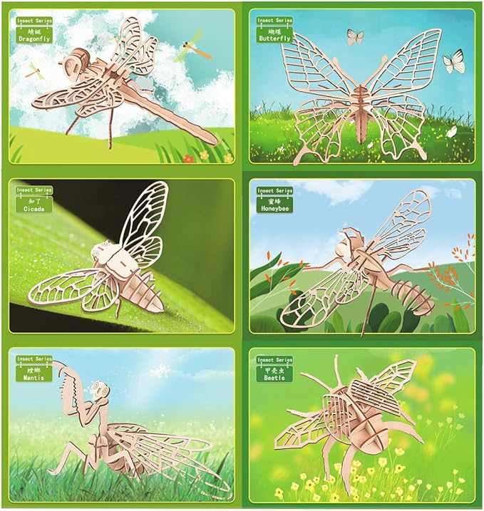 3D Wooden Insect Puzzle - 6 Piece Set Insect Animal Skeleton Assembly Model Puzzle - DIY Wooden Crafts 3D Puzzle - STEM Toys Gifts for Kids and Adults Teens Boys Girls
