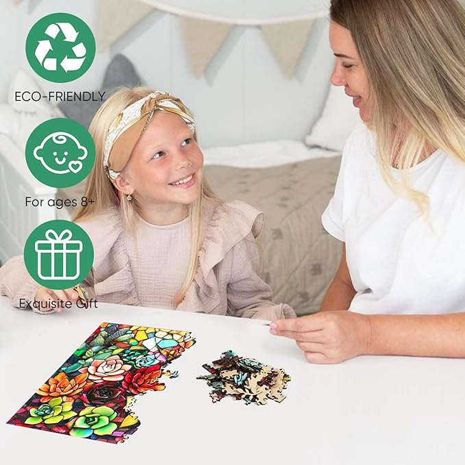 Wooden Puzzles for Adults, Stained Glass Succulent Puzzles 500 Pieces, Unique Shaped Jigsaw Puzzles for Adults and Kids, Birthday Gifts Fun Challenge Family Game 16.5'' x 16.5''