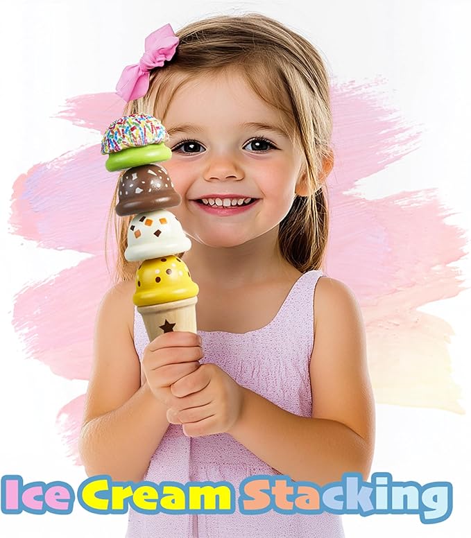 Wooden Ice Cream Cart Toy Playset with Ice Cream Toys Pretend Play Food Truck Play Kitchen Accessories with Ice Lolly & Scoop & Menu Wooden Toys Gift for 3 4 5 6 7 8 Year Old Girls Boys